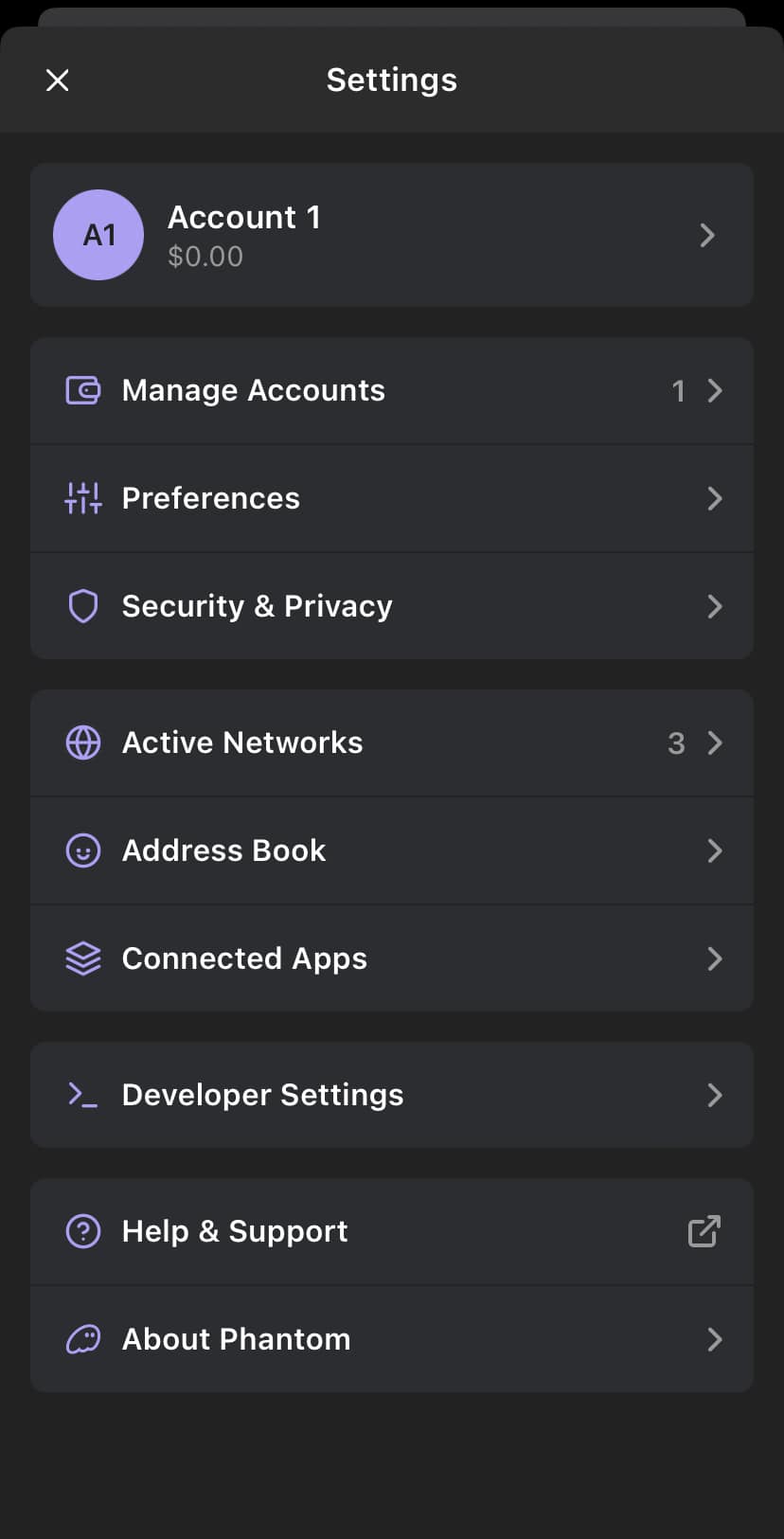 account settings on phantom