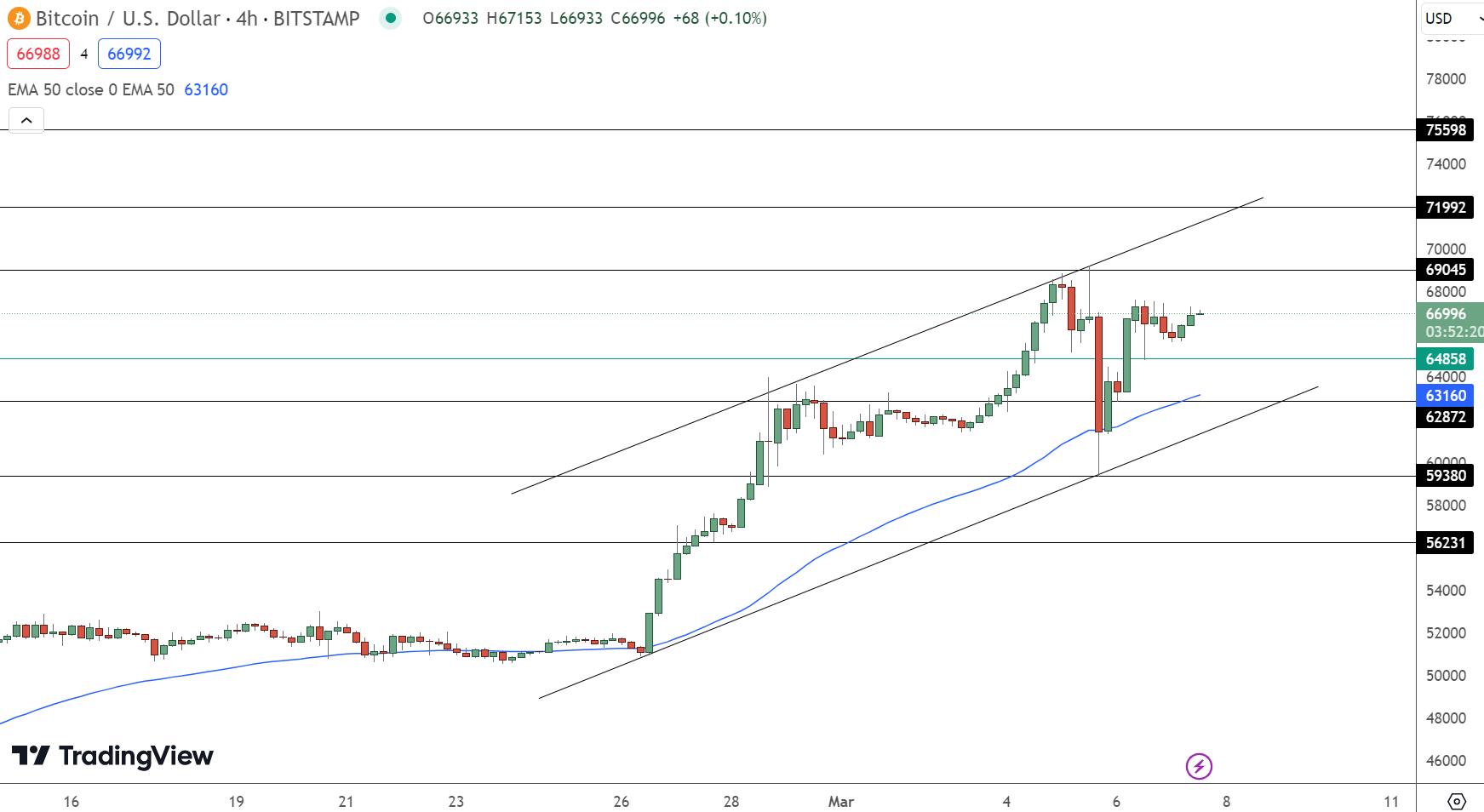 مخطط بياني لسعر زوج BTC/USD - المصدر: TradingView
