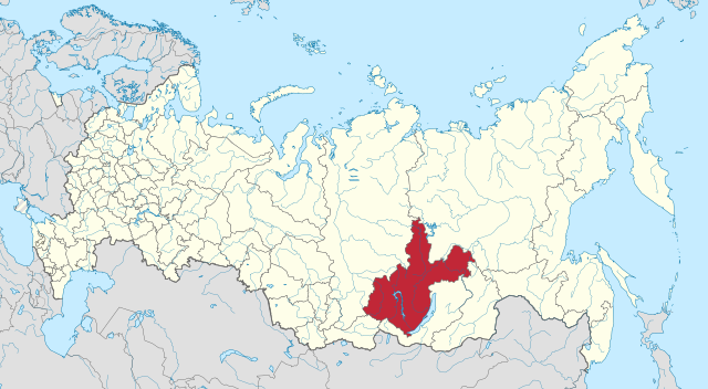 A map of Russia with the Irkutsk Oblast in Southeastern Siberia shaded in red.