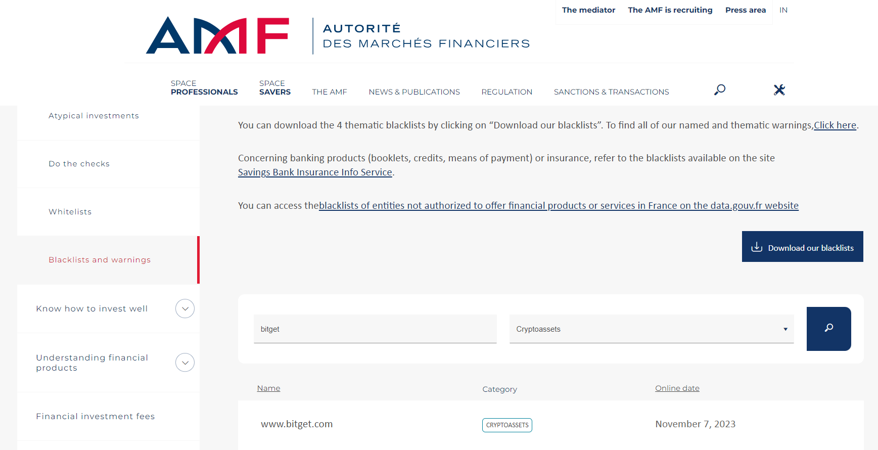 Bitget Listed in the AMF's BlackList