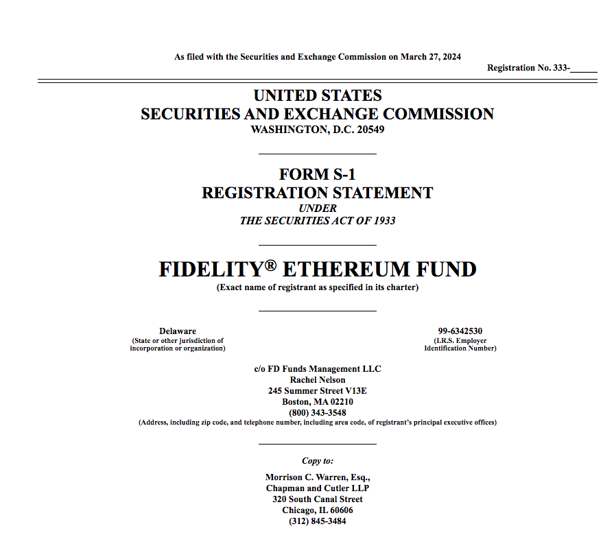 Fidelity's spot ETH EFT S-1 application