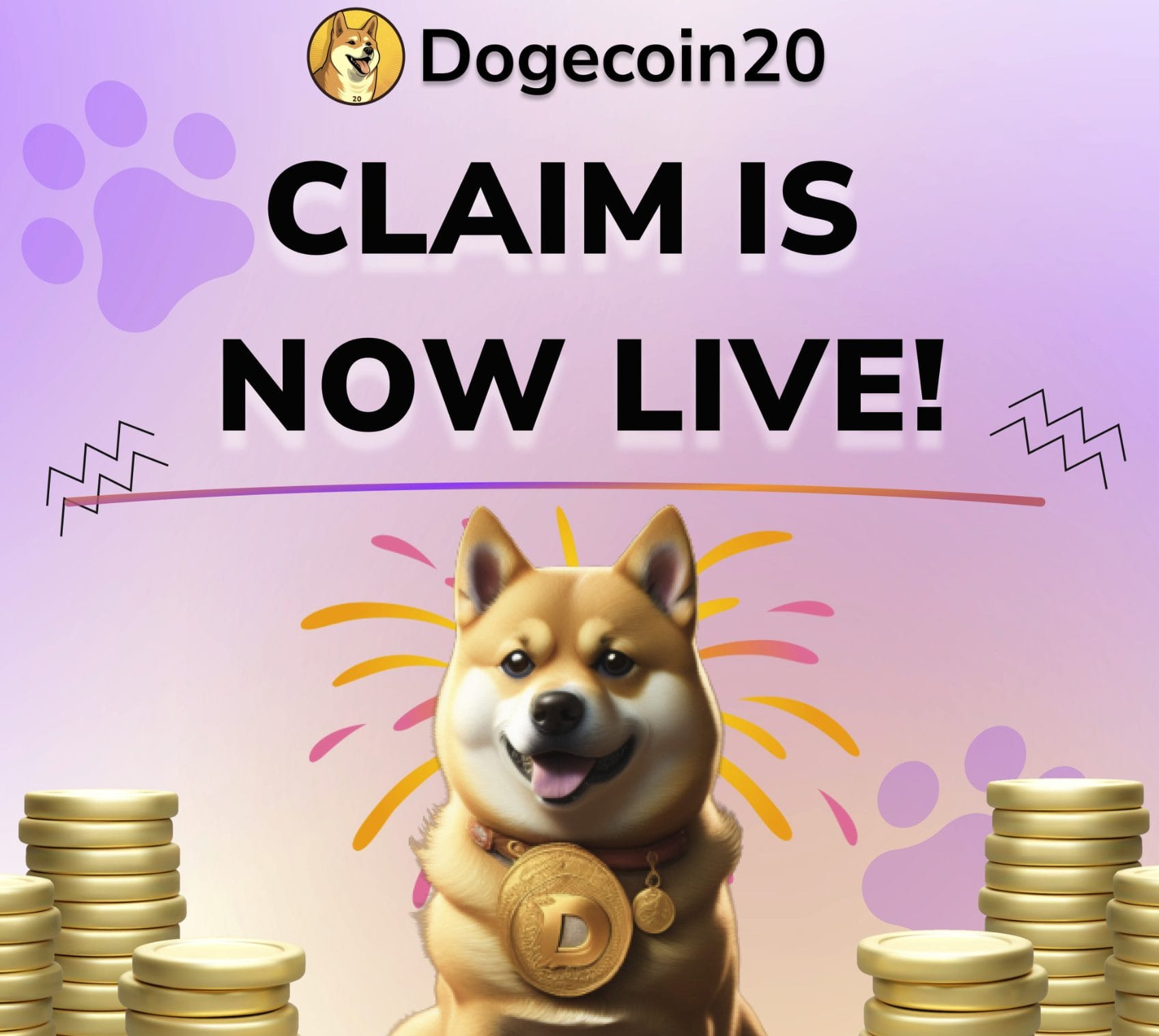 كلب من نوع شيبا إينو يرتدي عملة Doge محاطاً بالعملات الذهبية وفوقه إعلان عن بدء استلام عملات Dogecoin20