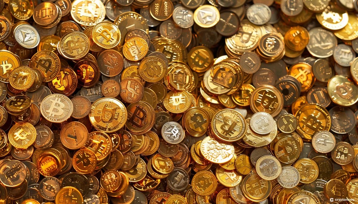 A large collection of various cryptocurrencies, primarily Bitcoin (BTC), showcasing the concept of BTC accumulation and the diversity of digital assets in the crypto market.