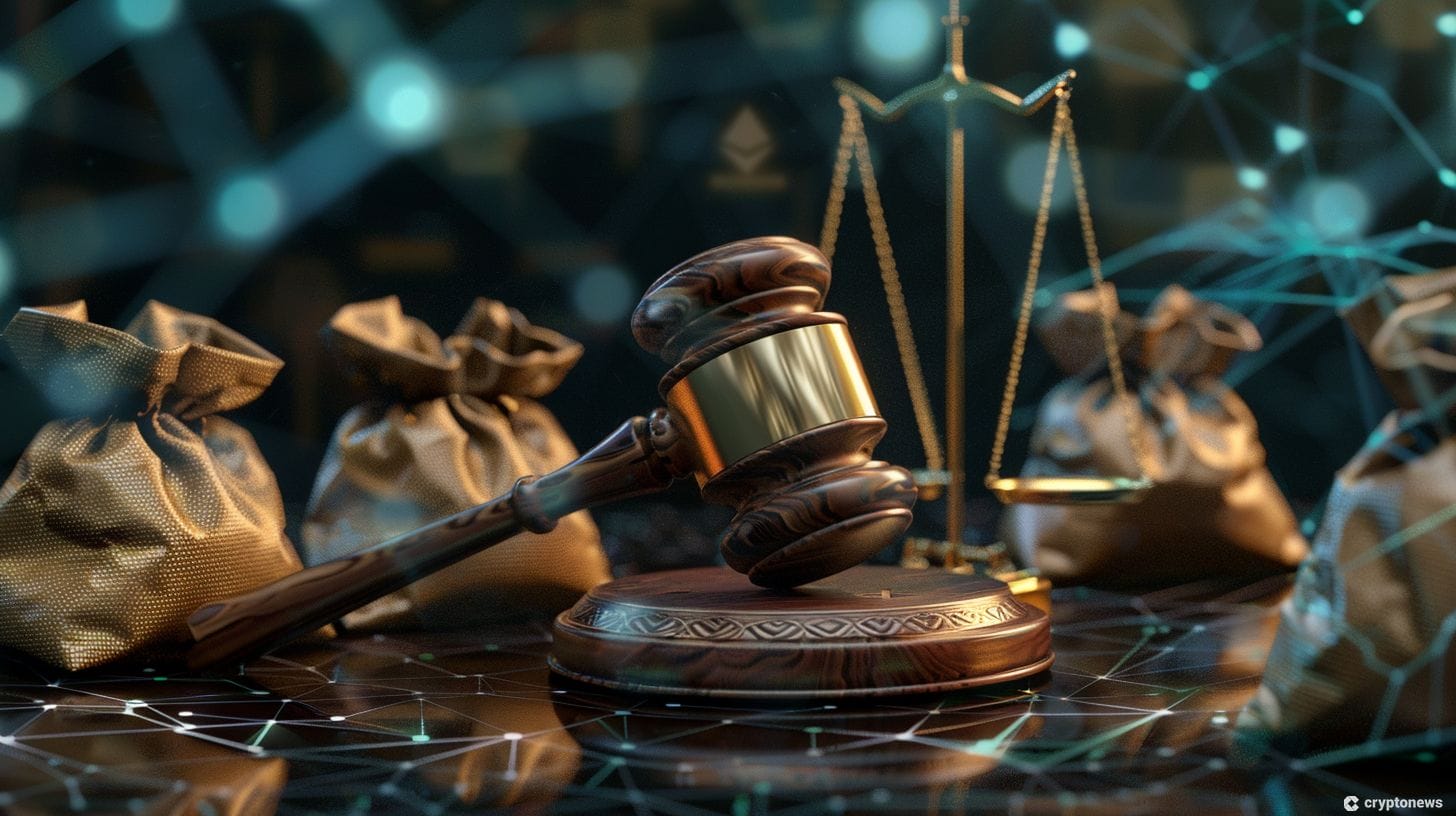 A gavel surrounded by deny bags and blockchain technology symbolizing Terraform Labs and Do Kwon's SEC case following the Terra-Luna crash.