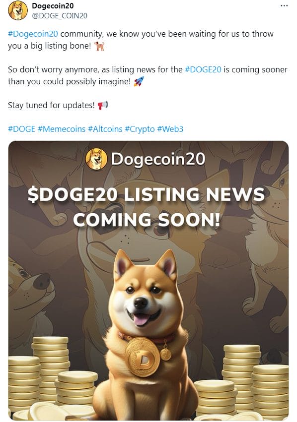 لقطة شاشة من موقع X للإعلان عن اقتراب إدراج DOGE20 على منصة MEXC