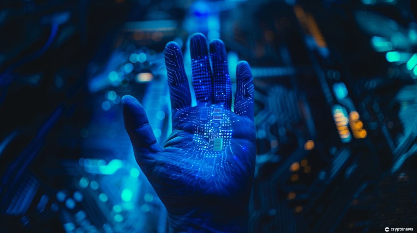 A depiction of a palm with blockchain technology amidst growing popularity of Humanity Protocol founder Terence Kwok's Proof of Humanity (PoH) concept.