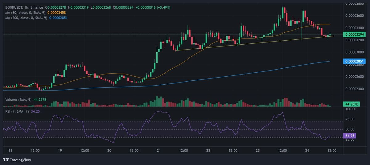 BONK price chart with technical analysis. Source: Binance.
