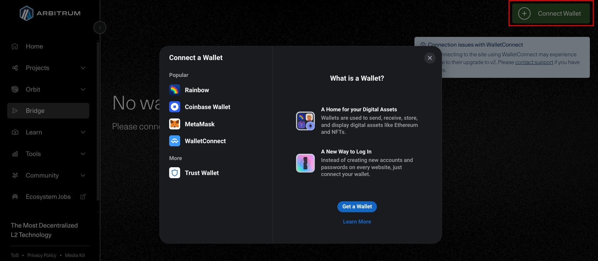 arbitrum bridge connect wallet