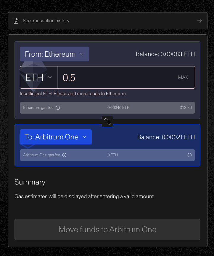 arbitrum bridge select amount
