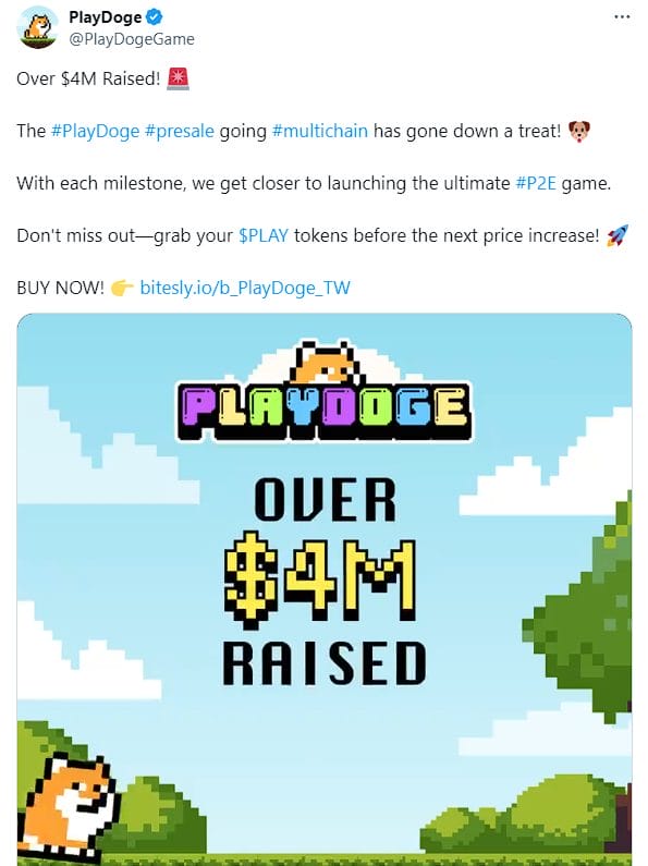 كلب PlayDoge مع ترويج يقول بأن هذا الاكتتاب جمع أكثر من 4 مليون دولار