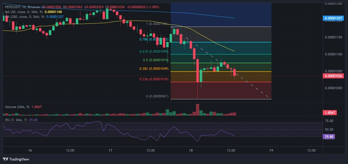 Pepe price chart with technical analysis. Source: Binance.