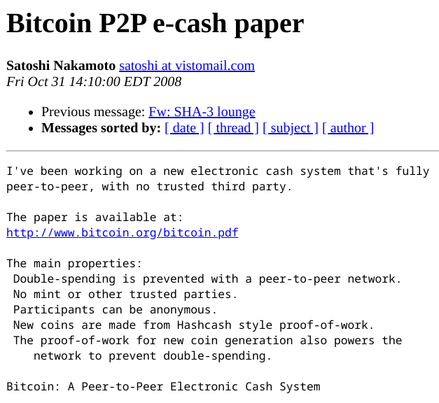 bitcoin first mention metzdowd