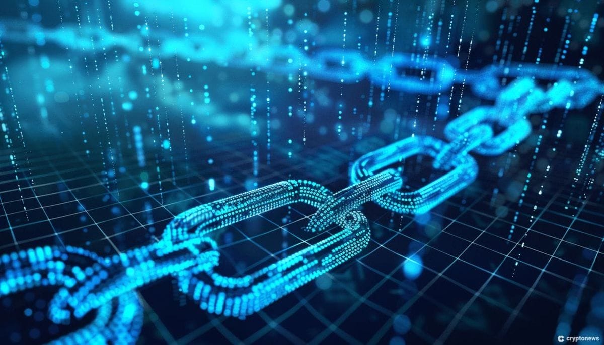 A stylized digital chain made of blue code, representing the interconnectedness of blockchain technology, symbolizing the strategic gaming investment of WEMIX, a blockchain developer from South Korean gaming giant Wemade, in Elixir Games.