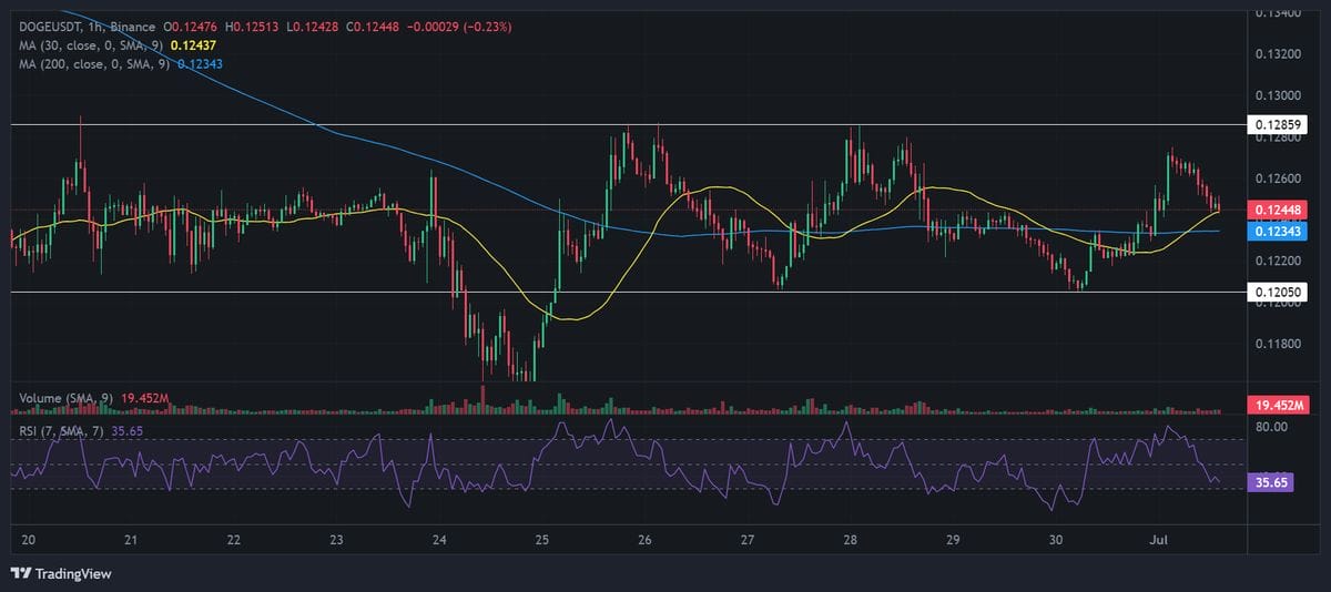 مخطط بياني لسعر زوج DOGE/USDT ومؤشرات التحليل الفني لتحركاته