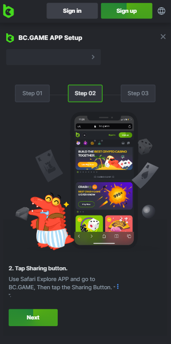 bc game mobile app set up screenshot