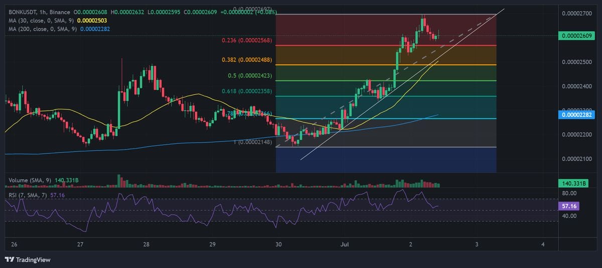 BONK price chart with technical analysis. Source: Binance.