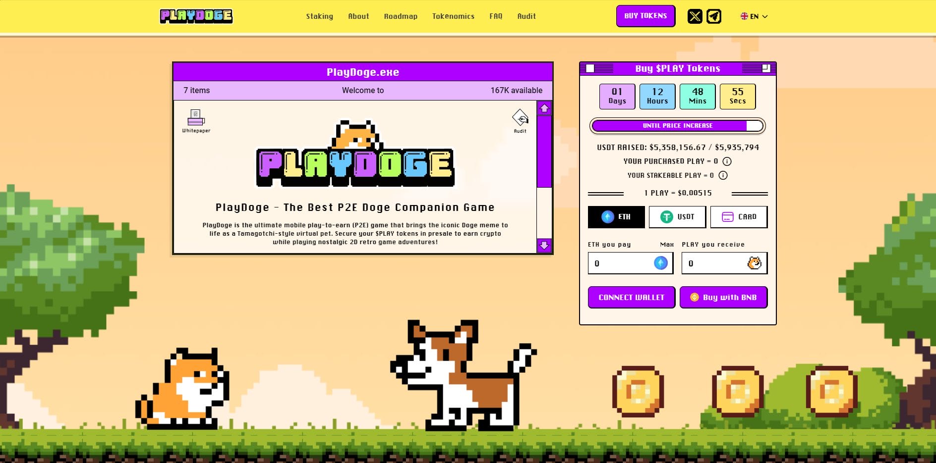 الصفحة الرئيسية لمشروع عملة PLAY تظهر في كلاب وعملات وأشجار بدقة ضعيفة مع لوحة معلومات الاكتتاب