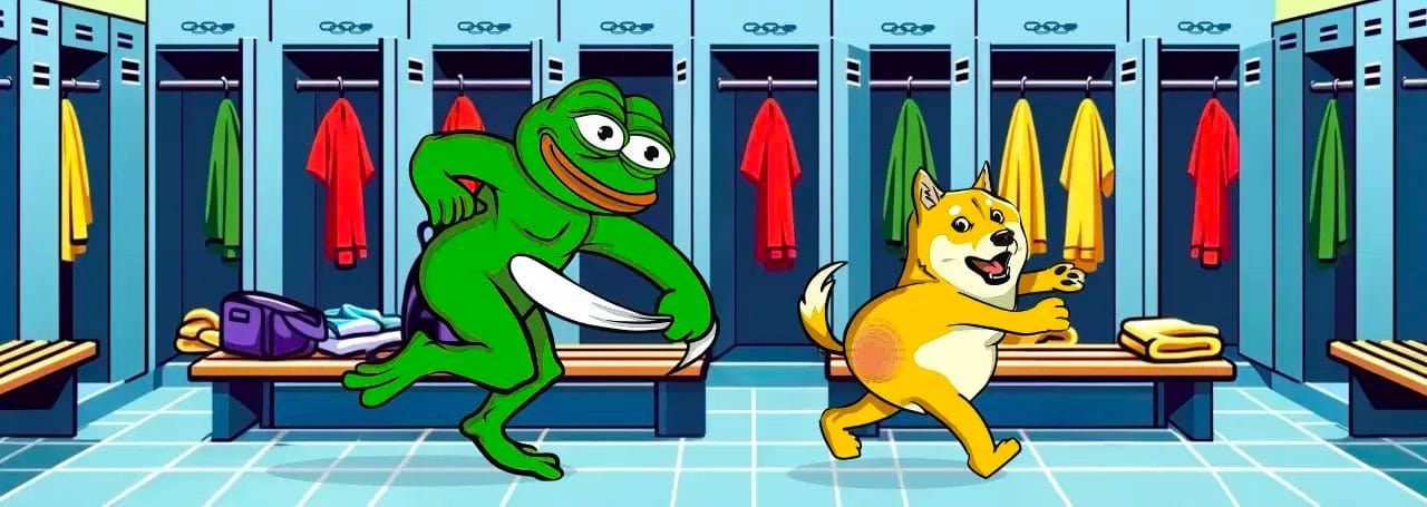 كلب شيبا إينو وضفدع بيبي يبدوان كلاعبين في غرفة تبديل الملابس وفيها خزائن تحوي قمصاناً رياضية ملونة