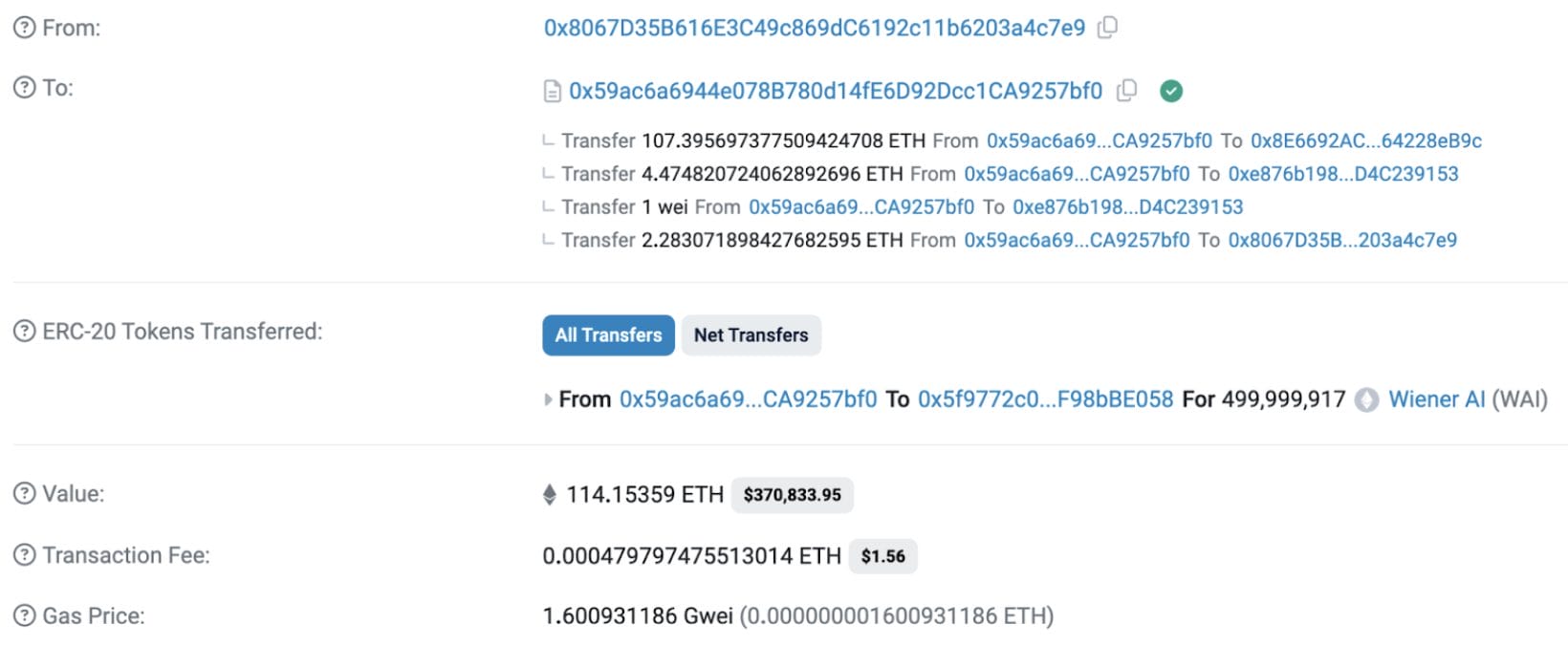 لقطة شاشة توضح حجم مشتريات عملة WAI التي قام بها أحد كبار المستثمرين في السوق