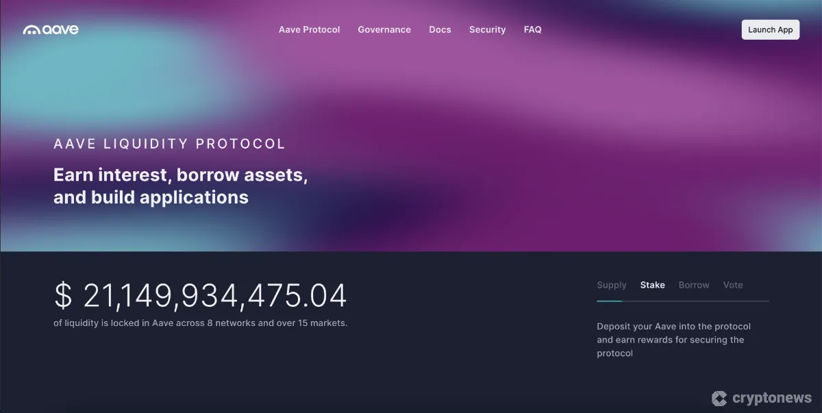The image is a screenshot of the Aave Liquidity Protocol's homepage