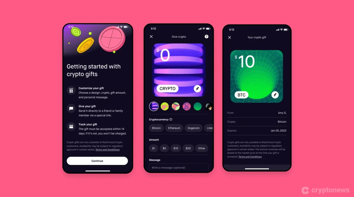 The image shows a mobile app interface for gifting cryptocurrency, featuring options to customize the gift with different designs, select a cryptocurrency like Bitcoin or Ethereum, choose an amount, and send it directly to a recipient via a special link.