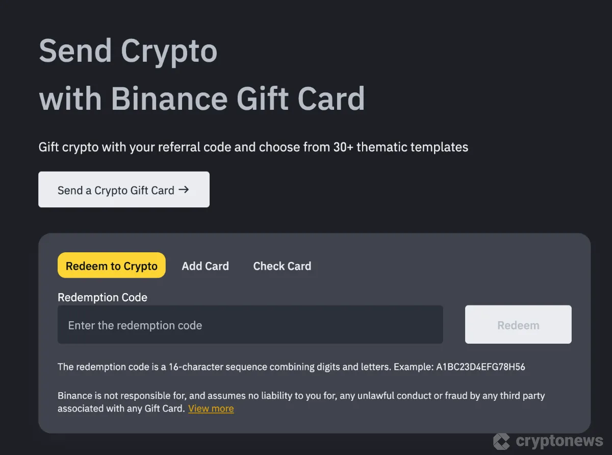 The image shows a Binance interface for sending cryptocurrency via a gift card, with options to redeem, add, or check the card using a 16-character redemption code.