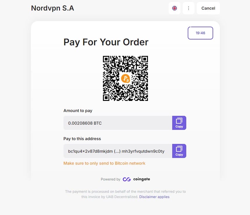 nordVPN için kripto parayla ödeme