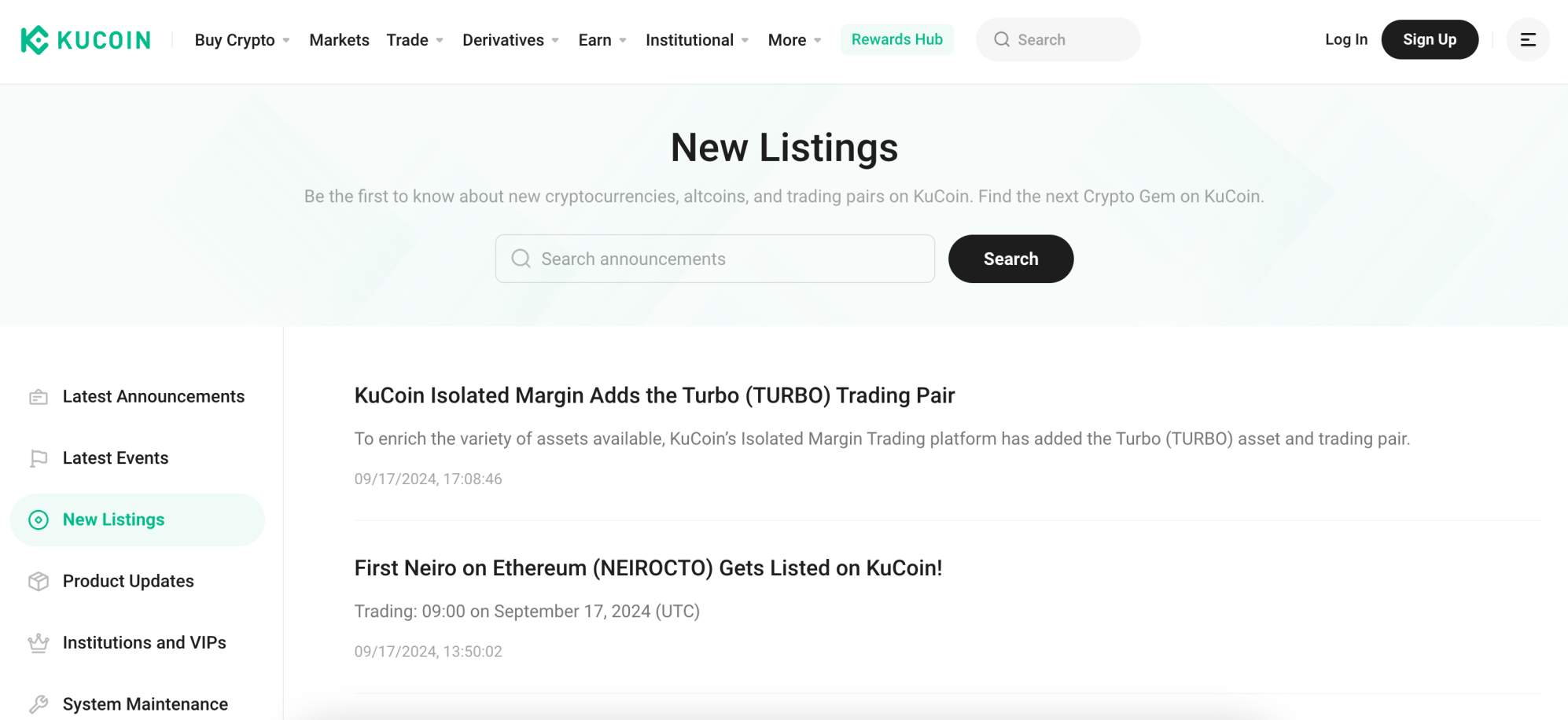 Kucoin Official Listing Announcements