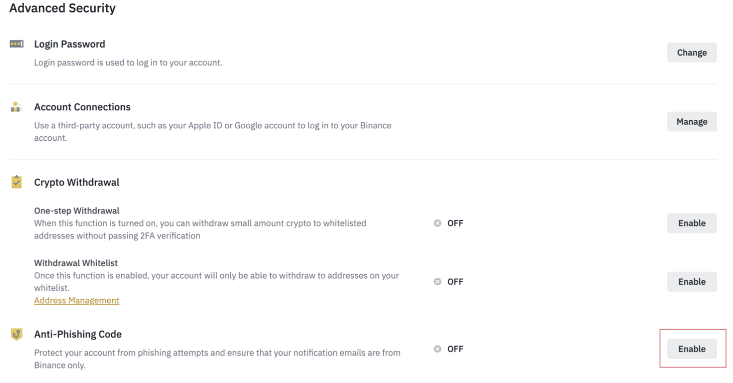 binance anti-phishing code