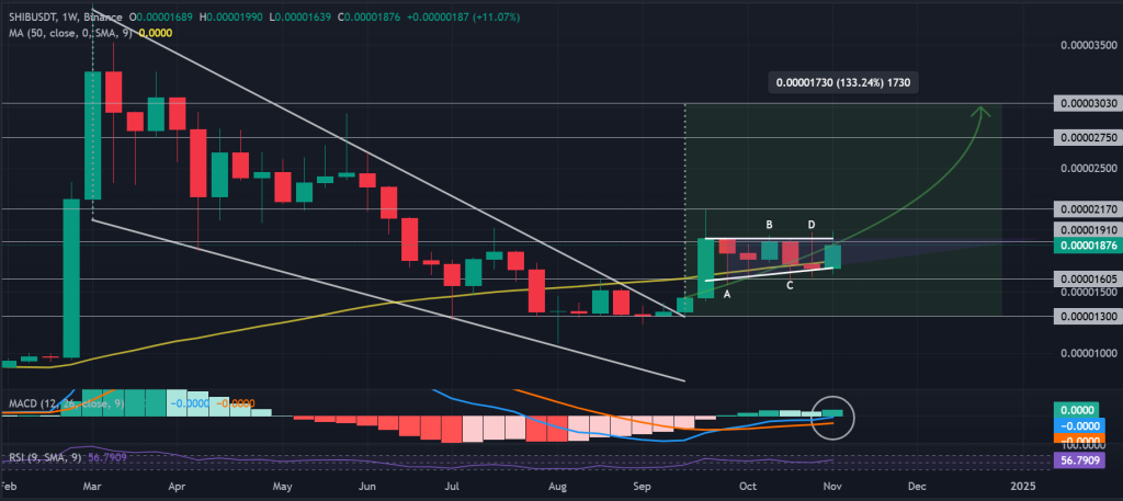 SHIB / USDT 1W chart, descending wedge breakout. Source: Binance.