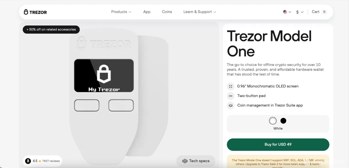 Trezor Model One homepage