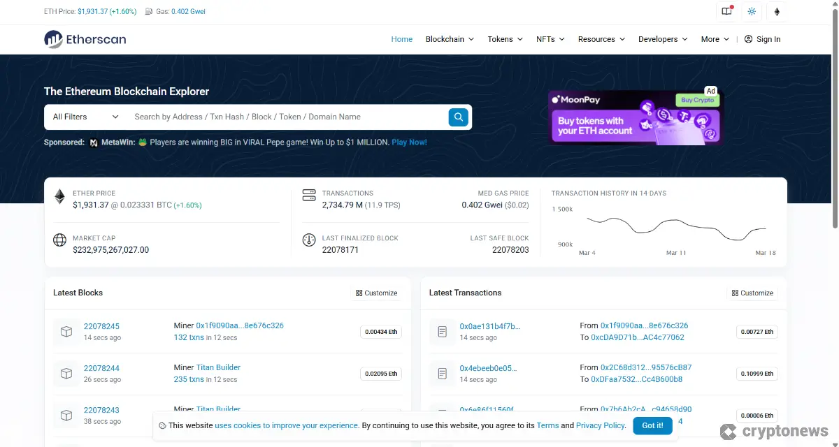 Etherscan homepage