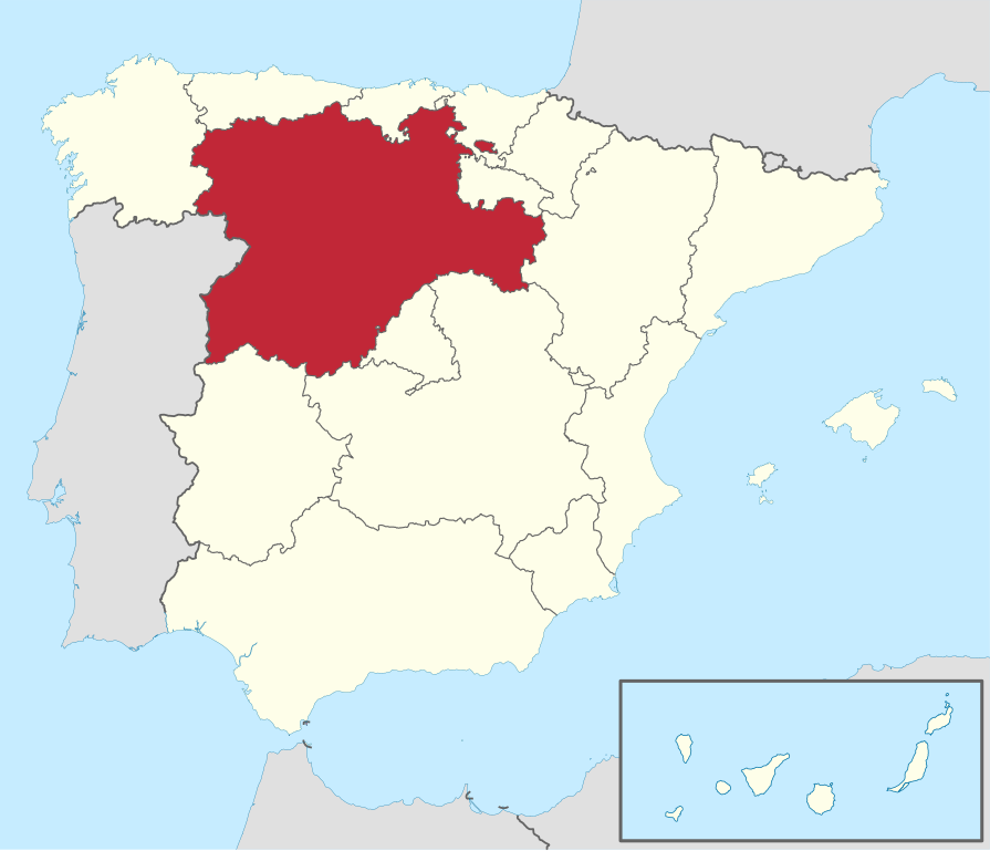 Castile and León shaded in red on a map of Spain