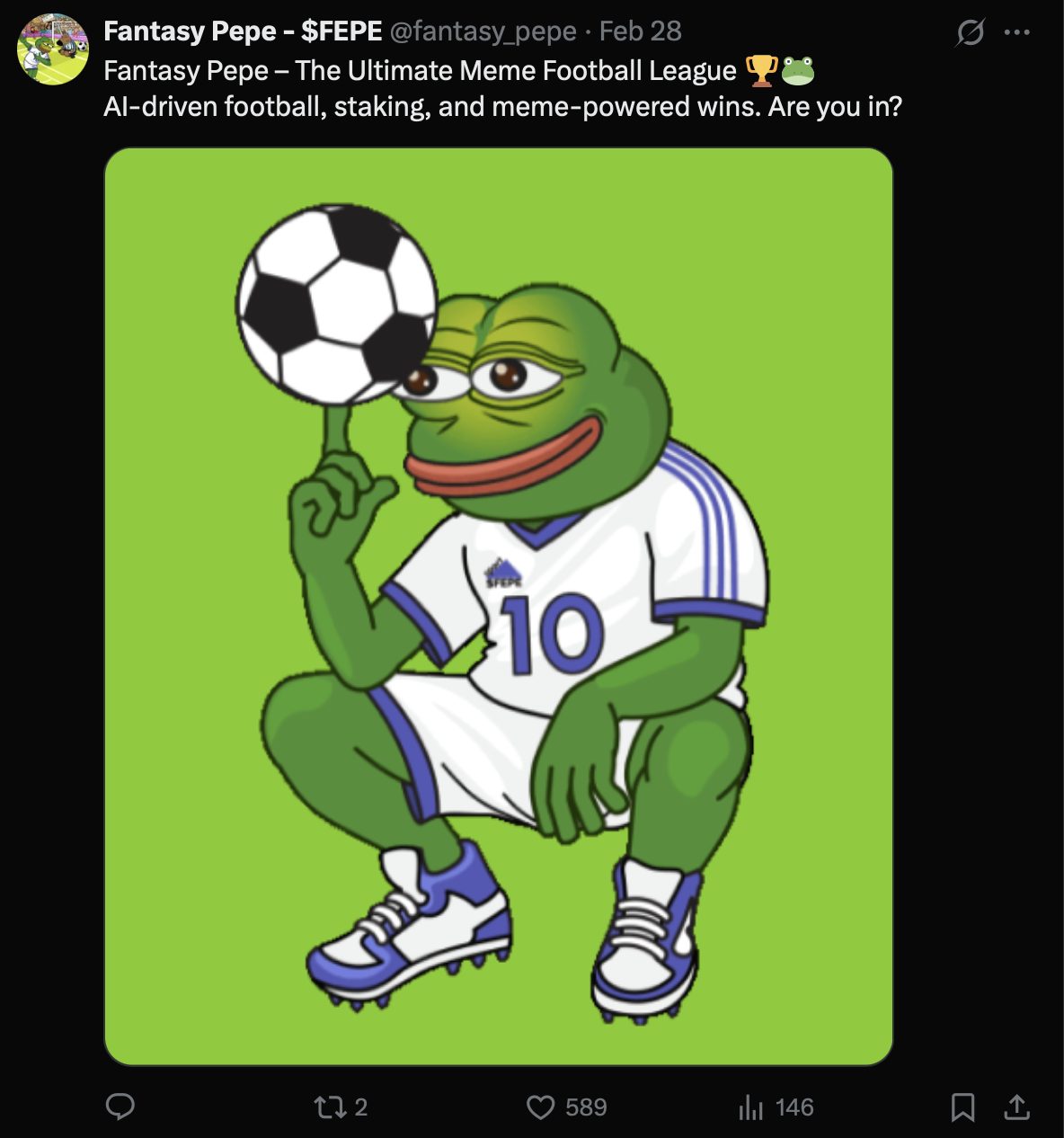 تغريدة لحساب مشروع Fantasy Pepe على منصة X تتضمن الإعلان عن دوري كرة قدم خيالي يعتمد على الذكاء الاصطناعي والمراهنات