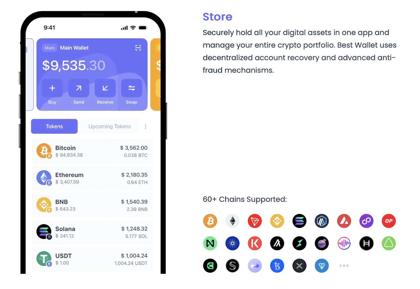 شاشة هاتف توضح إمكانية حفظ أرصدة الكريبتو وسهولة إجراء المعاملات عبر محفظة Best Wallet