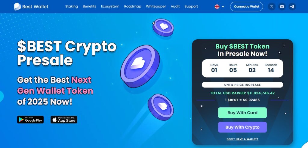 الصفحة الرئيسية في موقع Best Wallet وتظهر فيها بيانات الاكتتاب وأزرار تحميل التطبيق