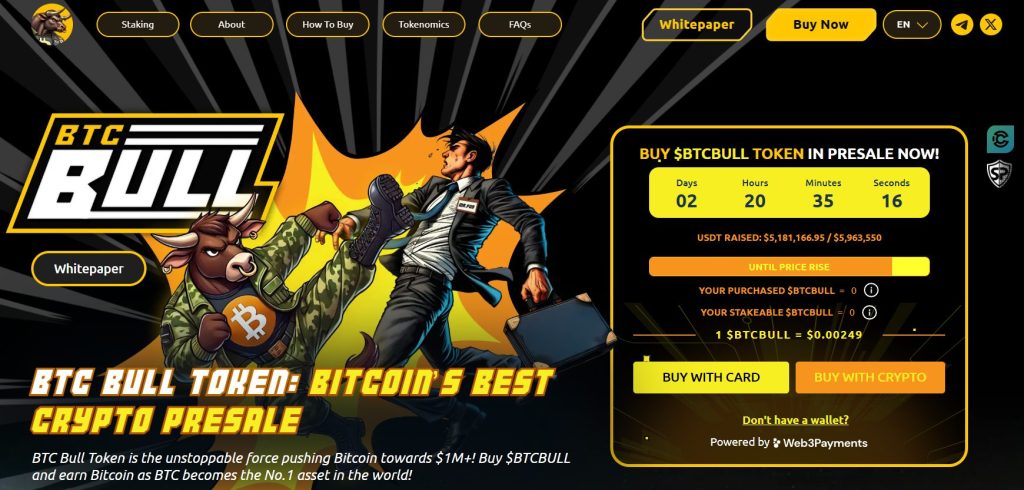 الصفحة الرئيسية لموقع Bitcoin Bull تظهر فيها أداة الاكتتاب وثور بلباس عسكري على صدره رمز عملة بيتكوين يسدد ضربة لرجل بلباس رسمي ويحمل حقيبة