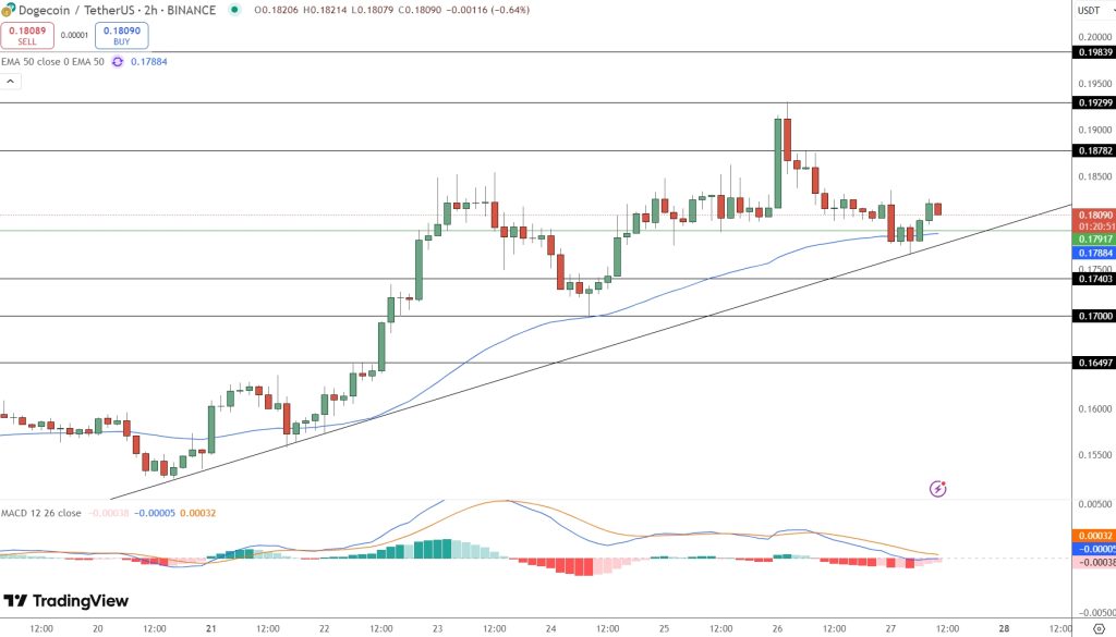 مخطط بياني لتحركات سعر زوج DOGE/USDT، المصدر: Tradingview