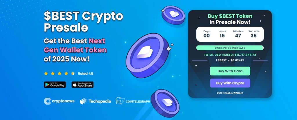 إعلان ترويجي لمحفظة Best Wallet تظهر فيه بيانات الاكتتاب وأزرار تحميل التطبيق