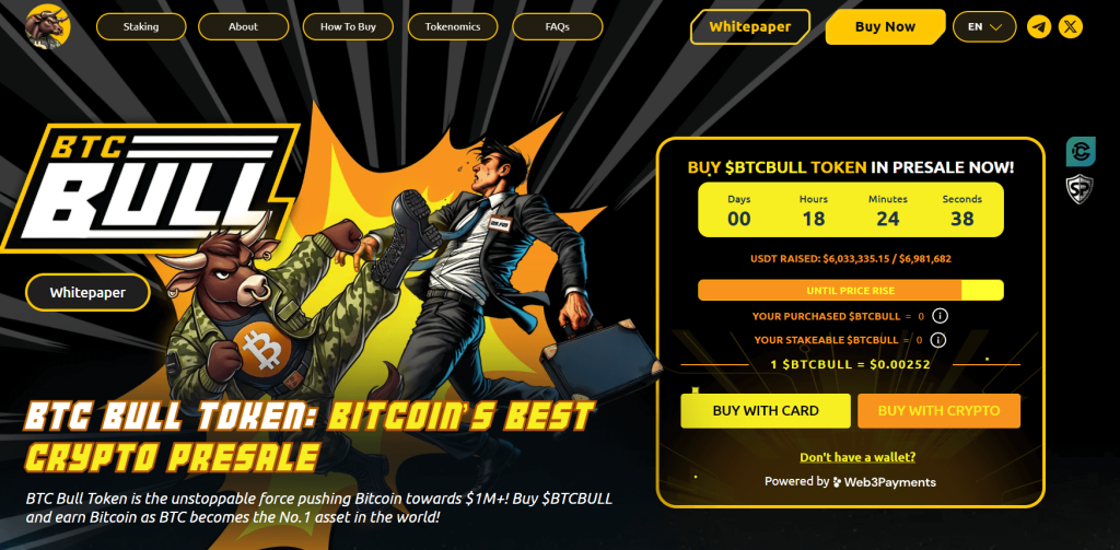 قسم اكتتاب عملة BTCBULL في موقع المشروع وبجانبه ثور بلباس عسكري يسدد ضربة لرجل يحمل حقيبة
