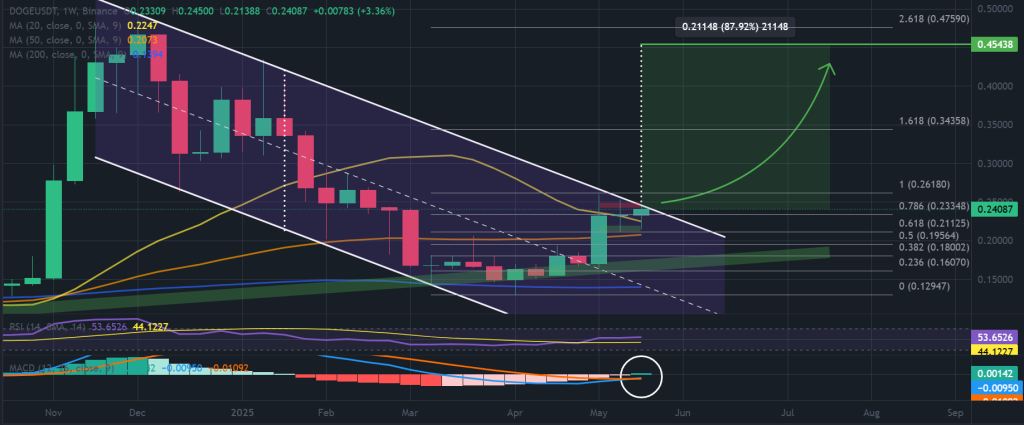 مخطط بياني لسعر زوج DOGE/USDT يوضح قناته الهابطة الممتدة