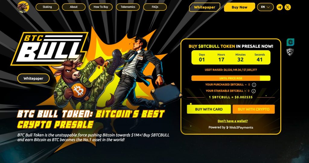 موقع مشروع BTC Bull ويظهر فيه قسم الشراء في اكتتاب عملة BTCBULL وبيانات أخرى