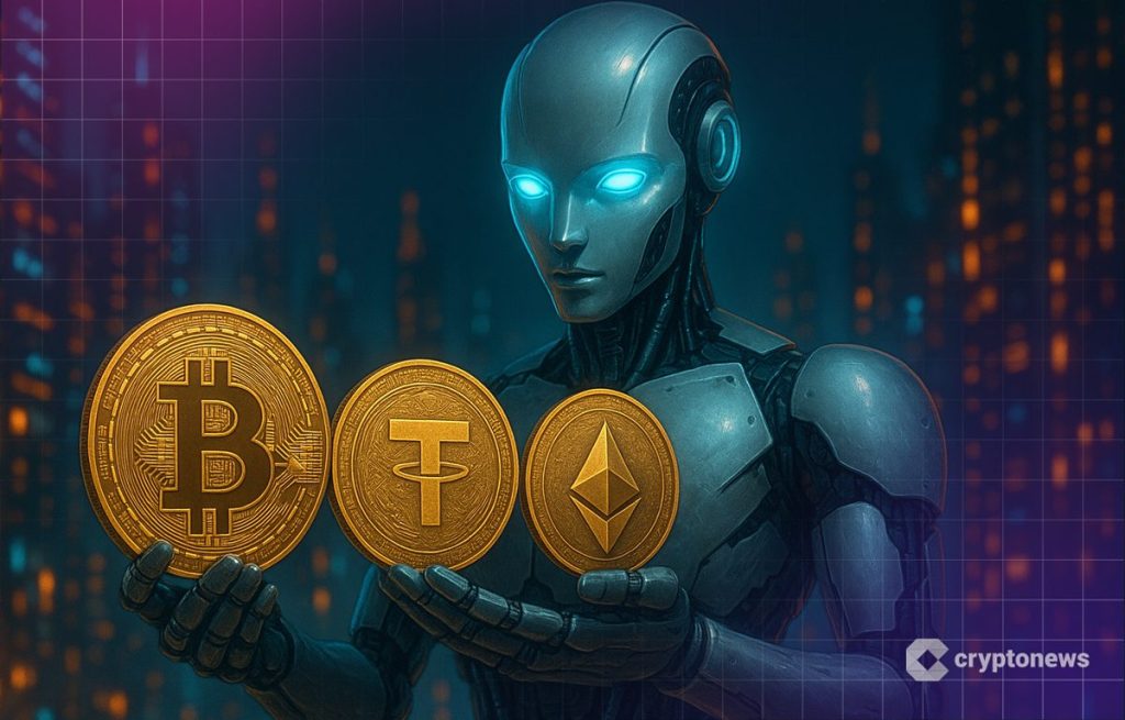 Centralized AI Crash by 2030 Could Send Crypto Reeling | Interview kuvassa robotti pitelee kryptovaluuttoja kädessään.