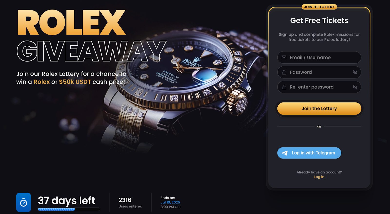 إعلان ترويجي على موقع Lucky Block للمشاركة في السحب الخاص بجائزة ساعة رولكس أو 50,000 USDT