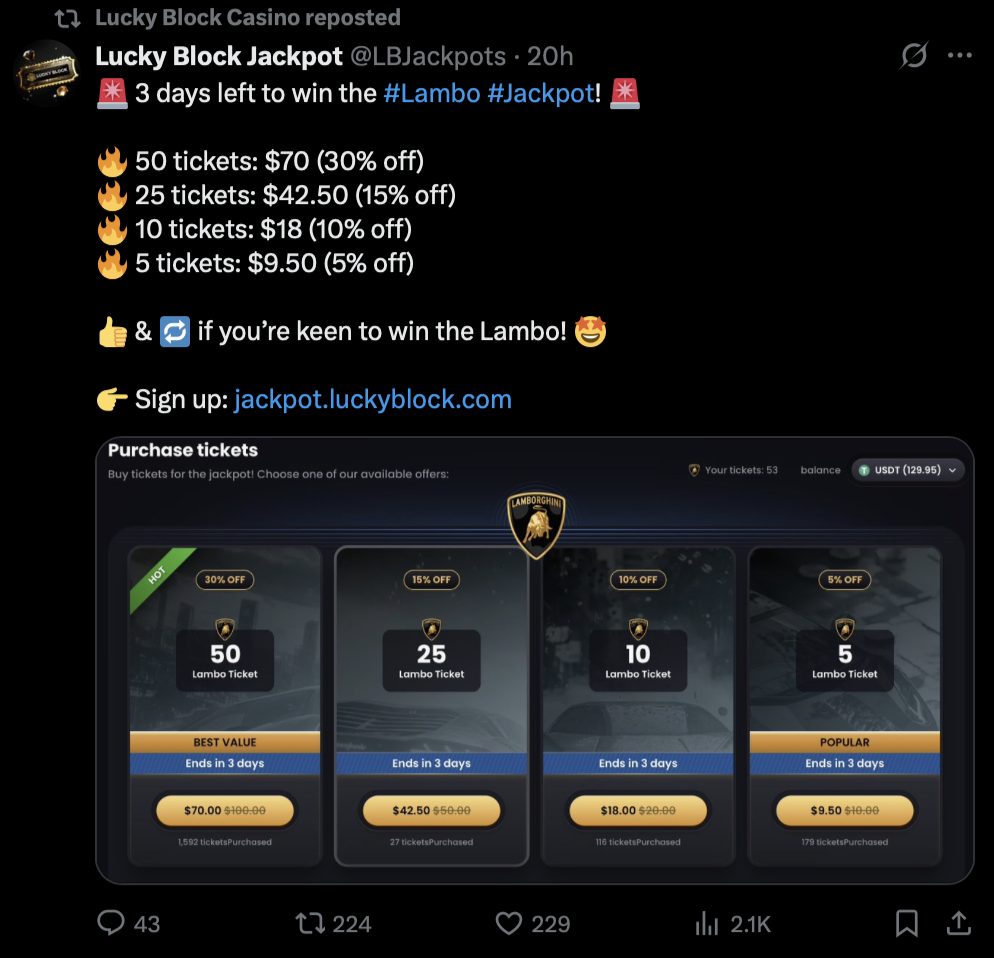 تغريدة بقائمة أسعار تذاكر السحب على الجائزة الكبرى الخاصة بموقع Lucky Block