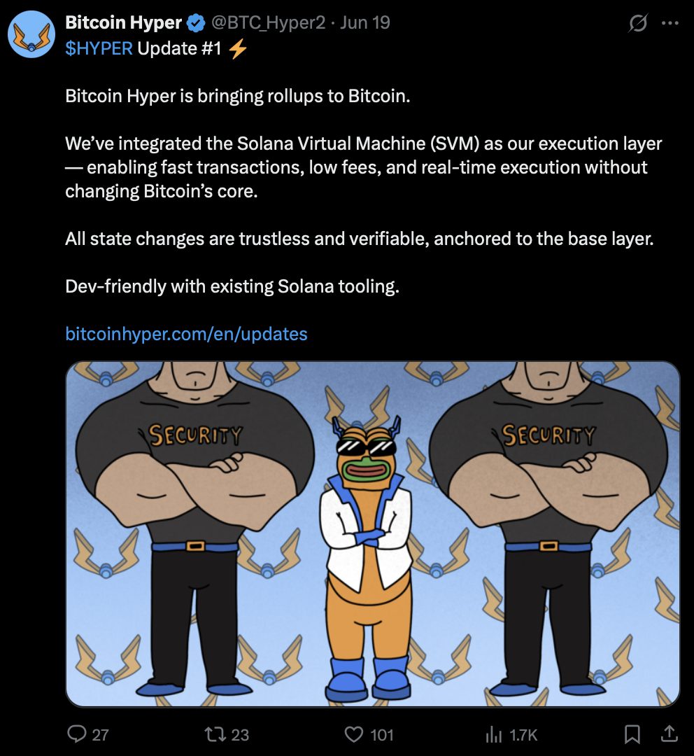 Posted on the X platform to announce update the second layer solution for the Bitcoin Hyper project