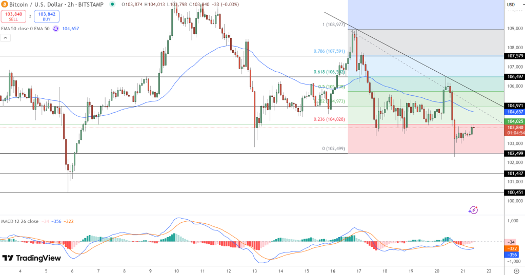 A two -hour graphics diagram for BTC price movements