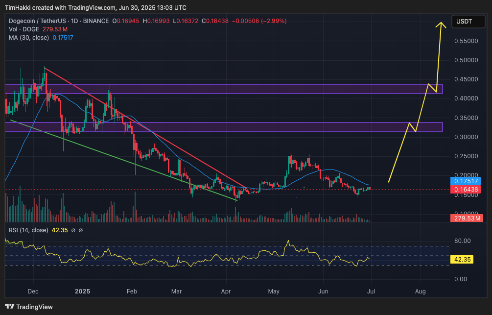 مخطط بياني للسعر اليومي لعملة دوجكوين (Dogecoin)