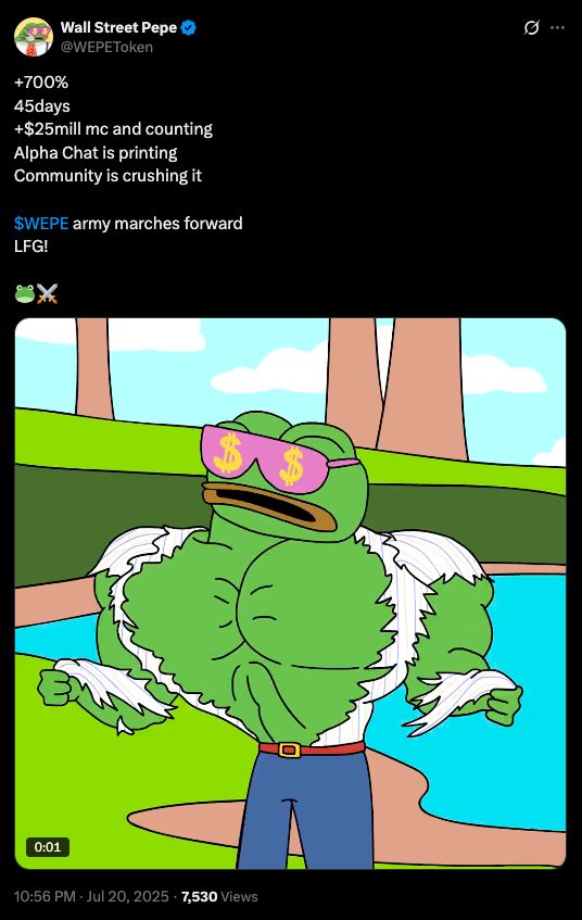 تغريدة لحساب مشروع Wall Street Pepe على منصة X