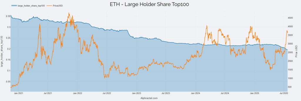 En büyük 100 cüzdanının tuttuğu Ethereum miktarı.